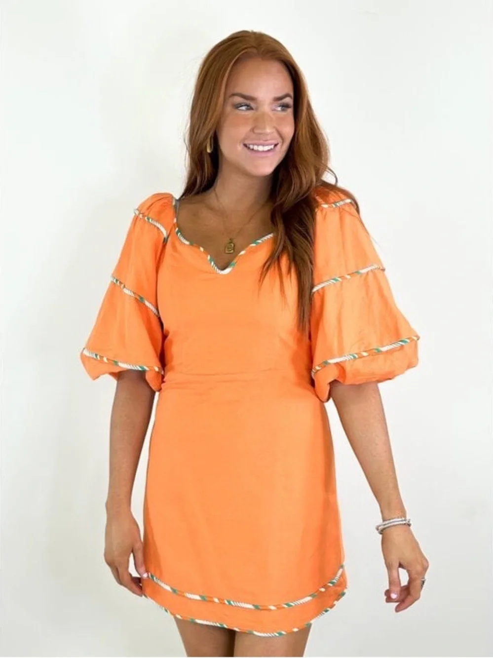 Karlie Orange Multi Trim Sweetheart Puff Sleeve Dress
